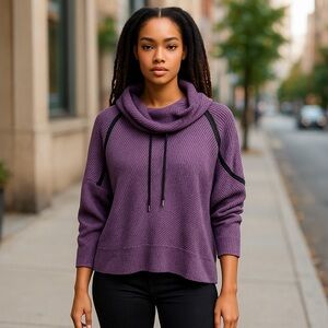 Womens cowlneck drawstring cotton crepe sweatshirt Wide band Large oversized